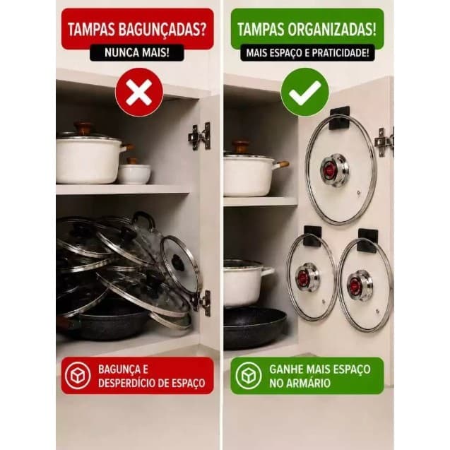 Kit Suporte Para Tampas de Panela |  Adesivo organizador de Armário | Cozinha Sem furo