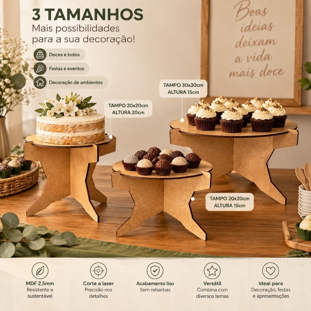 Suporte MDF para Bolo e Doces Kit 3 Tamanhos Boleira para Festa