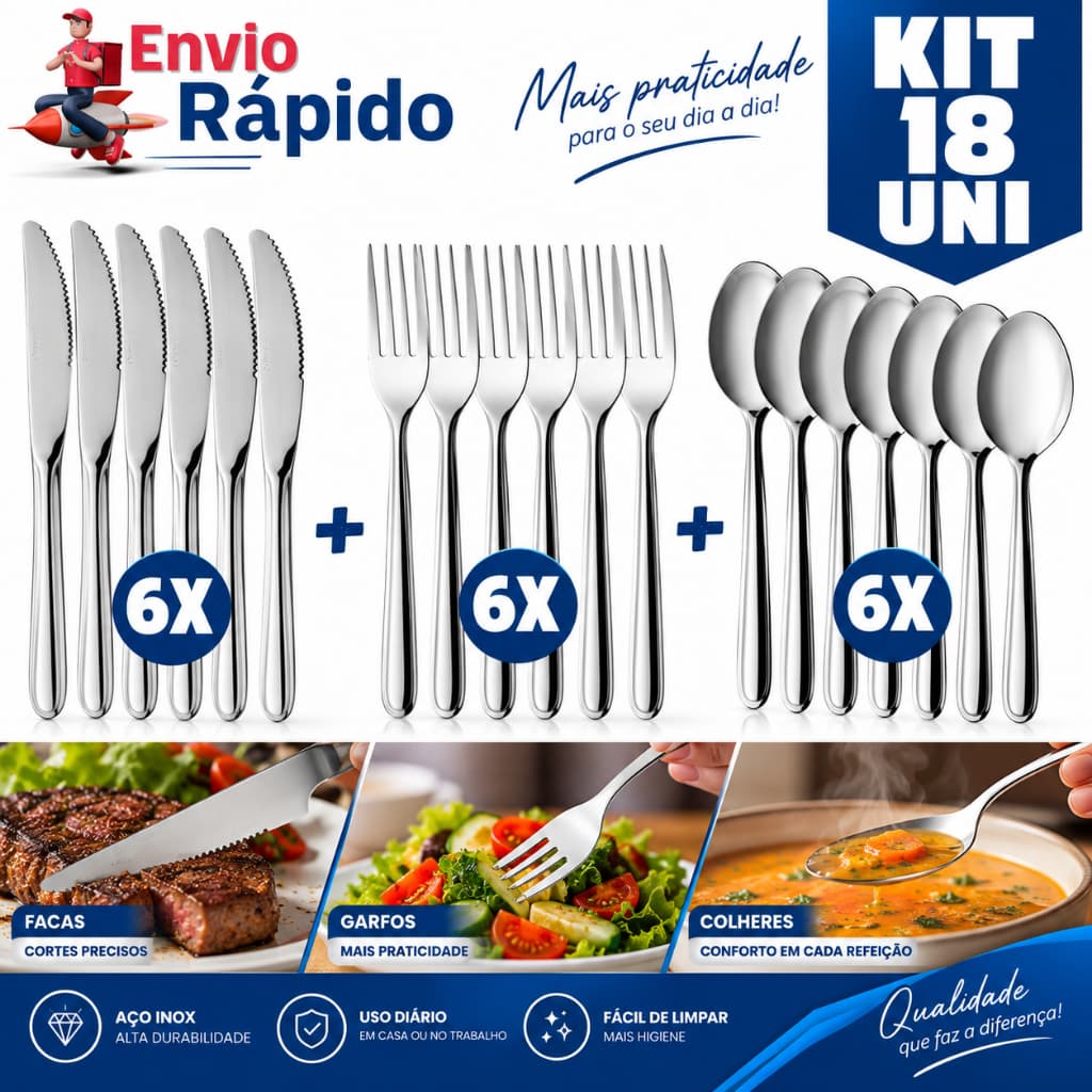Kit 18 Talher 30 Colher Faca Garfos de Mesa Jogo Talher Aço Inox Faqueiro Talheres de Cozinha Restaurante Lanchonete