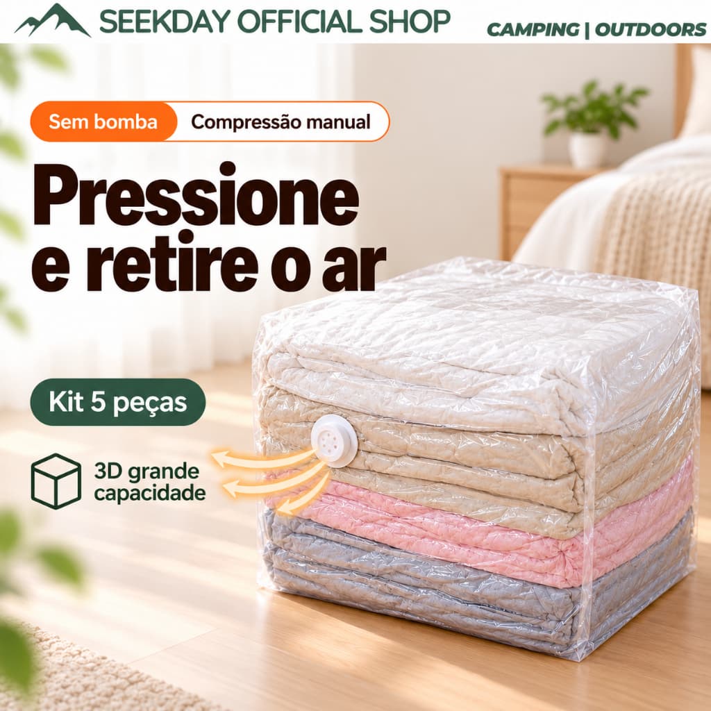 SEEKDAY Saco a Vácuo Organizador Sem Bomba Cubo 3D Kit 5 Unidades Multitamanho Anti Poeira Economiza Espaço para Roupas