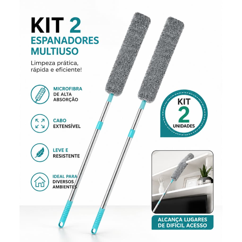 Kit 2 Espanadores fre Pó Limpa Poeira Flexível Retrátil Inox Alumínio Moderno