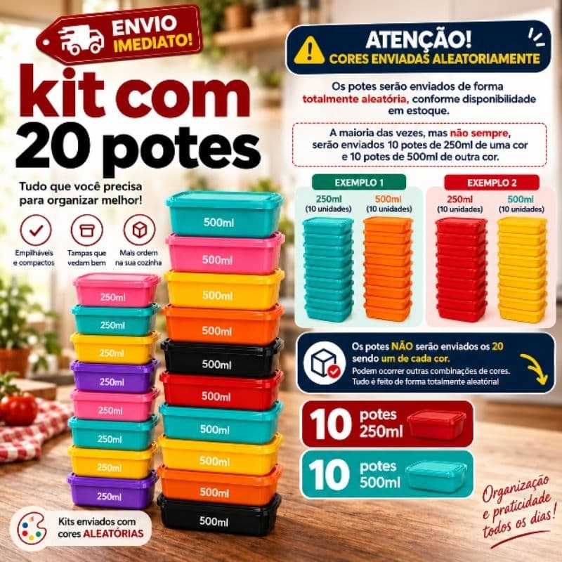 Kit 20 Potes Plásticos com Tampa | 10 Potes 250ml + 10 Potes 500ml | Armazenamento de alimentos