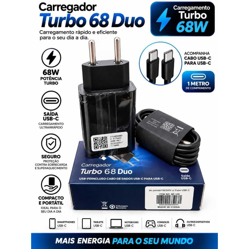 Carregador Turbo 68W com cabo USB de 1,0m Carregador cor preto para celulares android proteção contra superaquecimento