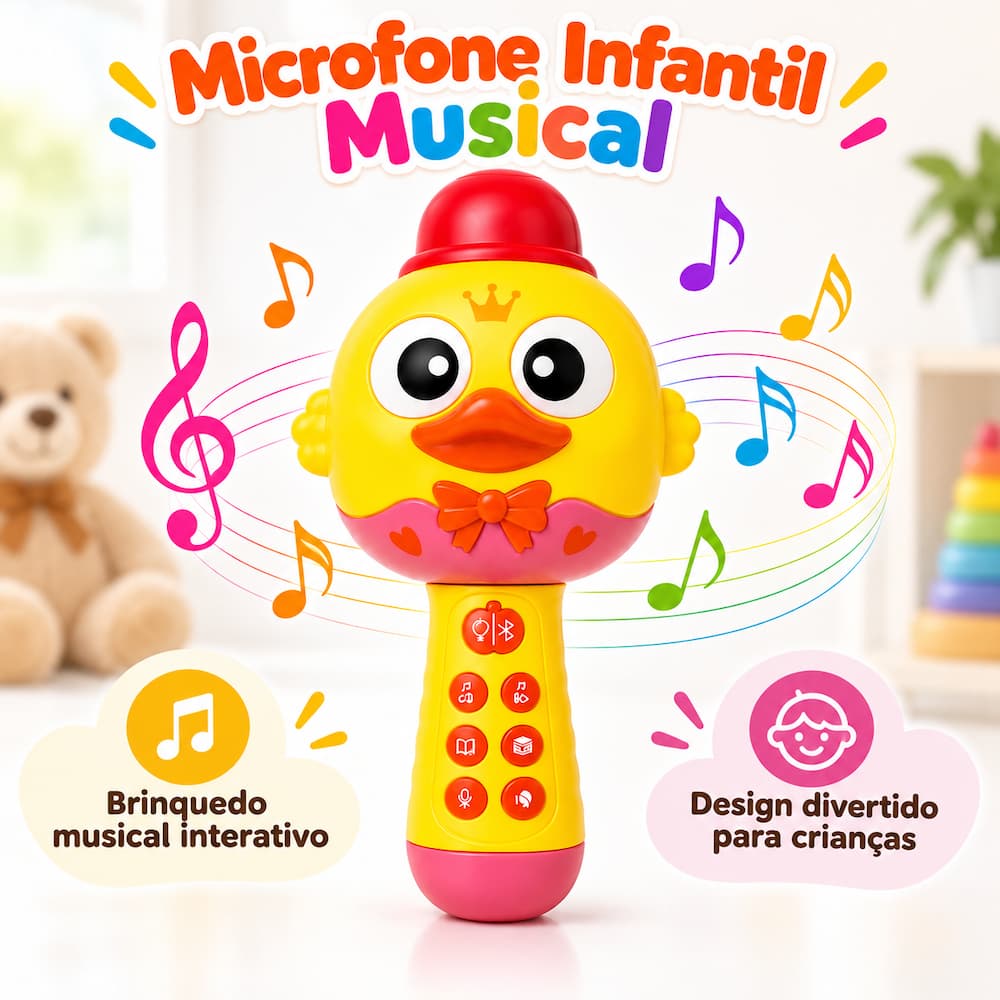 Microfone Infantil Bluetooth Recarregável com Luz, Gravação, Músicas e Histórias Diversão Crianças Karaokê