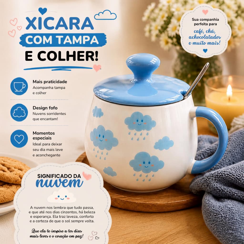 Caneca Nuvem Cerâmica Tampa E Colher Azul 450ml Porcelana