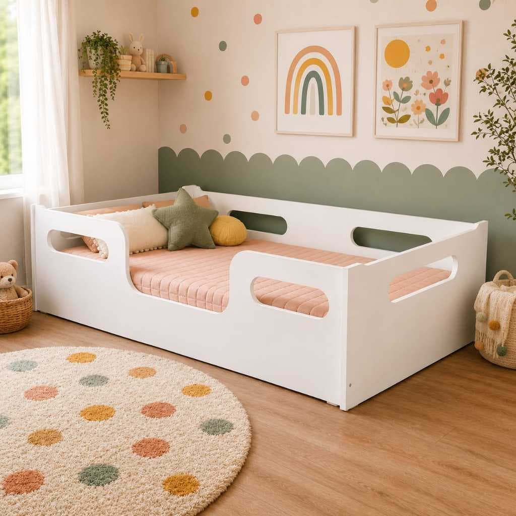Mini Cama Berço Infantil Montessoriana C/ Grades Laterais Proteção