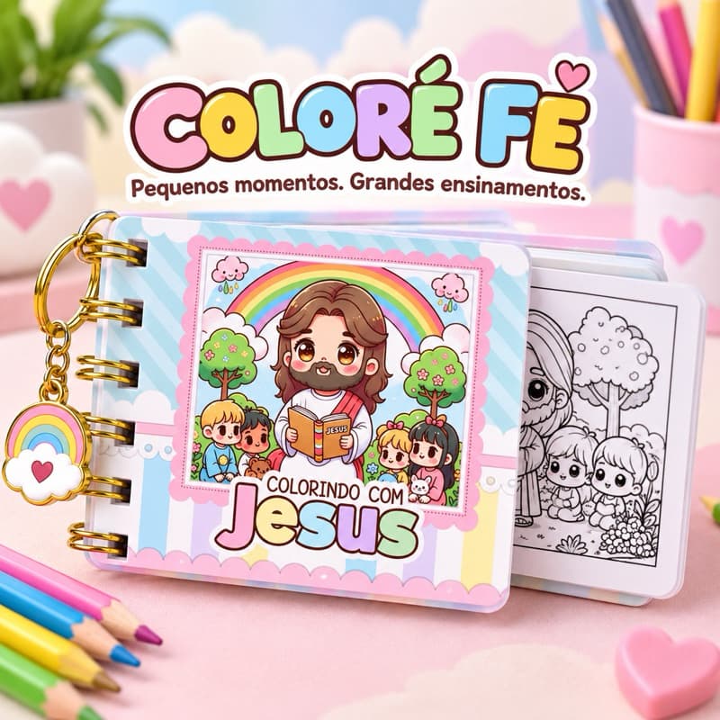 Livro de Colorir Infantil Jesus Coloré Fé Mini Chaveiro Cristão