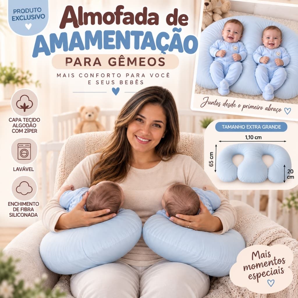 Almofada Amamentação p/ Bebe Gêmeos Extra Grande Cheia