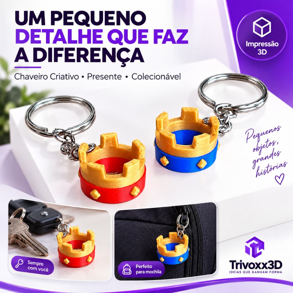 Kit Chaveiros Coroas Clash Royale Vermelho Azul Torre 3D Gamer Colecionável Bolsa Mochila Chave