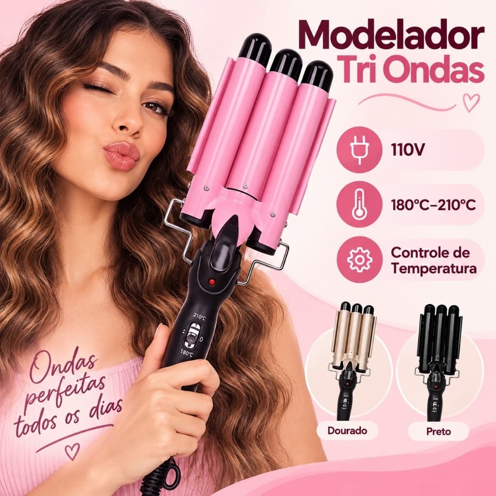 Modelador Tri Ondas 110V Ondulador de Cabelo 3 Tubos com Controle de Temperatura 180°C a 210°C