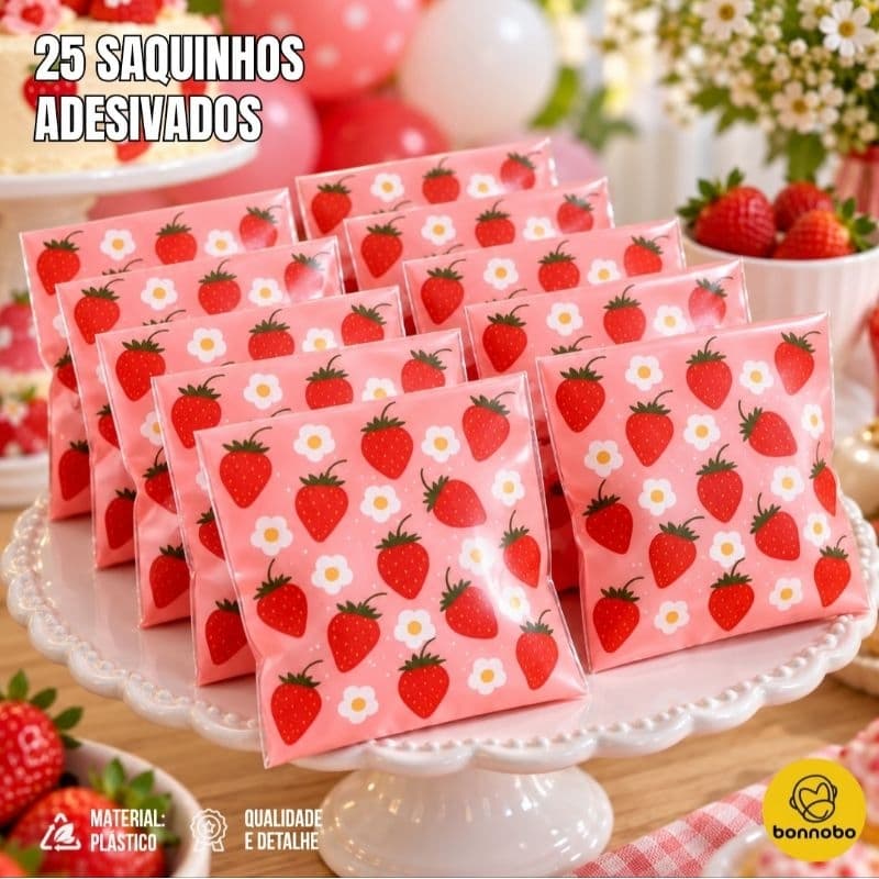 25 Saquinhos Adesivados de Morango para Doces Biscoitos Lembrancinhas Festa Infantil Aniversário Chá