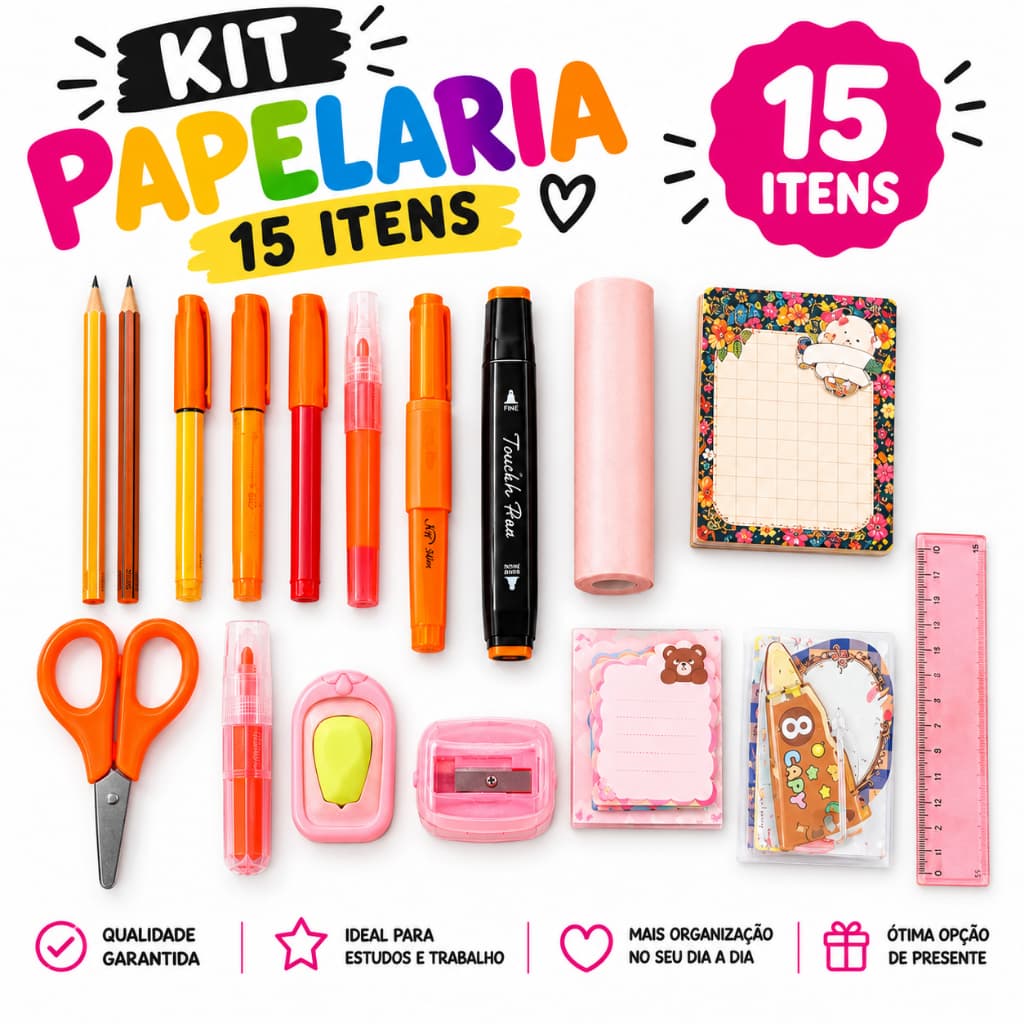 Kit Papelaria 15 Itens Fofo