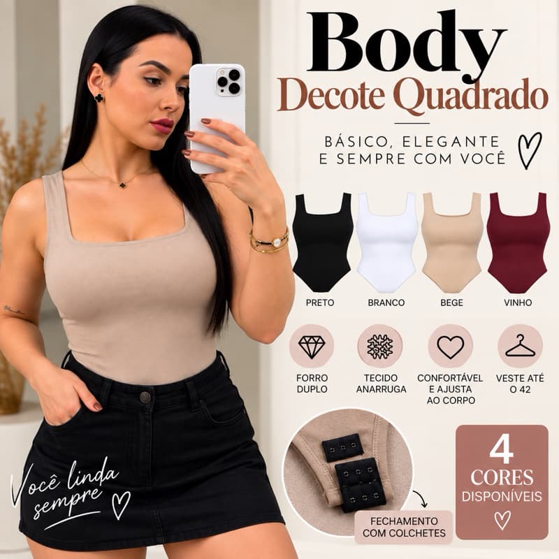 Body Feminino Maitê Alça Larga Decote Quadrado Forro Duplo – Moda Feminina