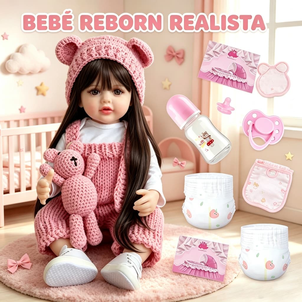 Bebê Reborn Menina 55cm Boneca Silicone com Acessórios Pode dar Banho