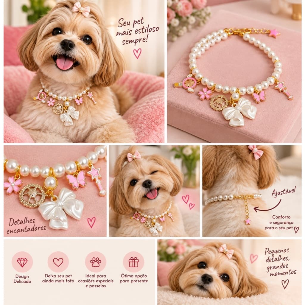 Coleira Pet Pérolas Luxo Ajustável  Pingentes Sortidos Cães Gatos Acessório Elegante Delicado Leve