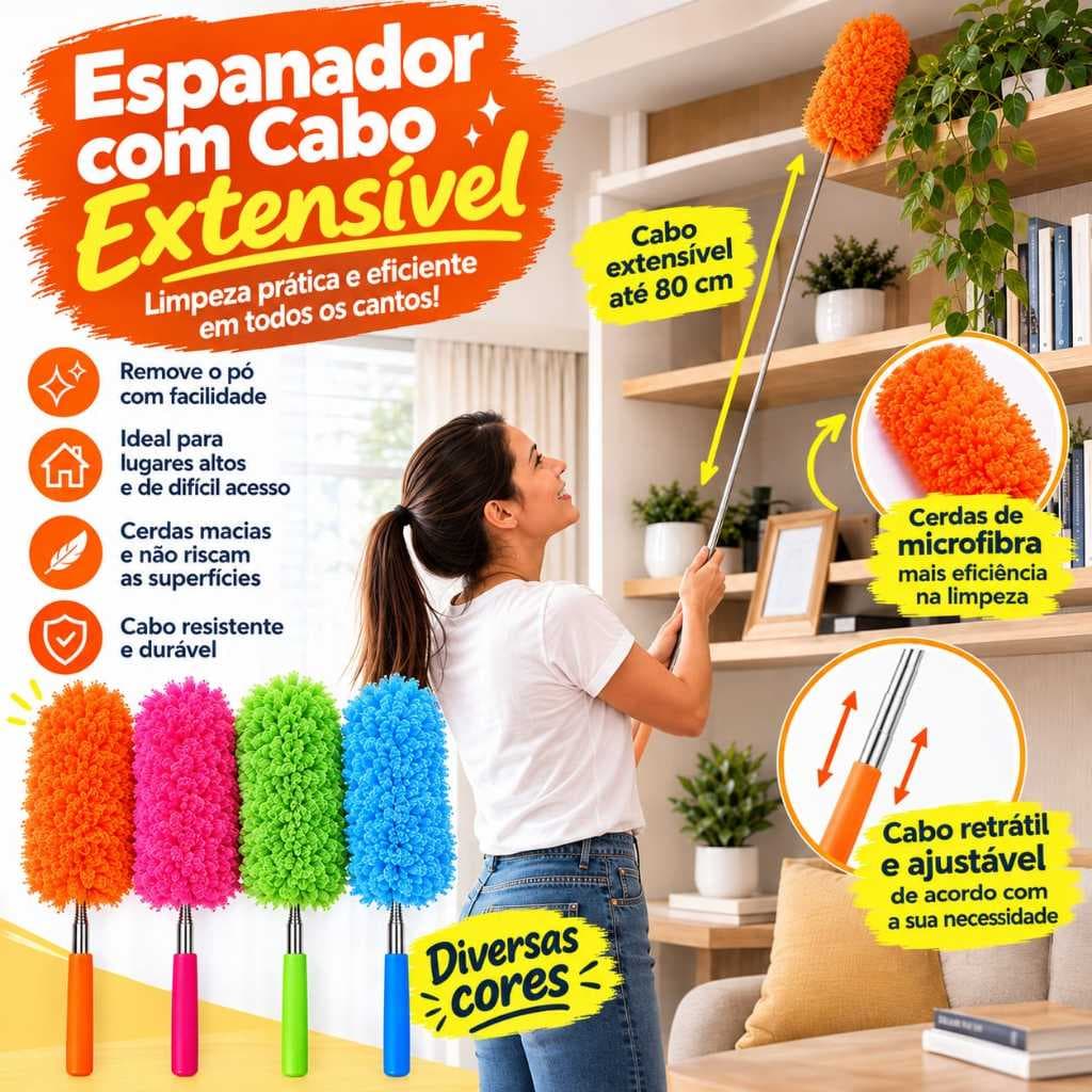 Espanador Pó Cabo Extensível 80cm Limpeza Tira Poeira Comprido Lavável Estica Longo Microfibra Teto Teia Sanca Dobrável
