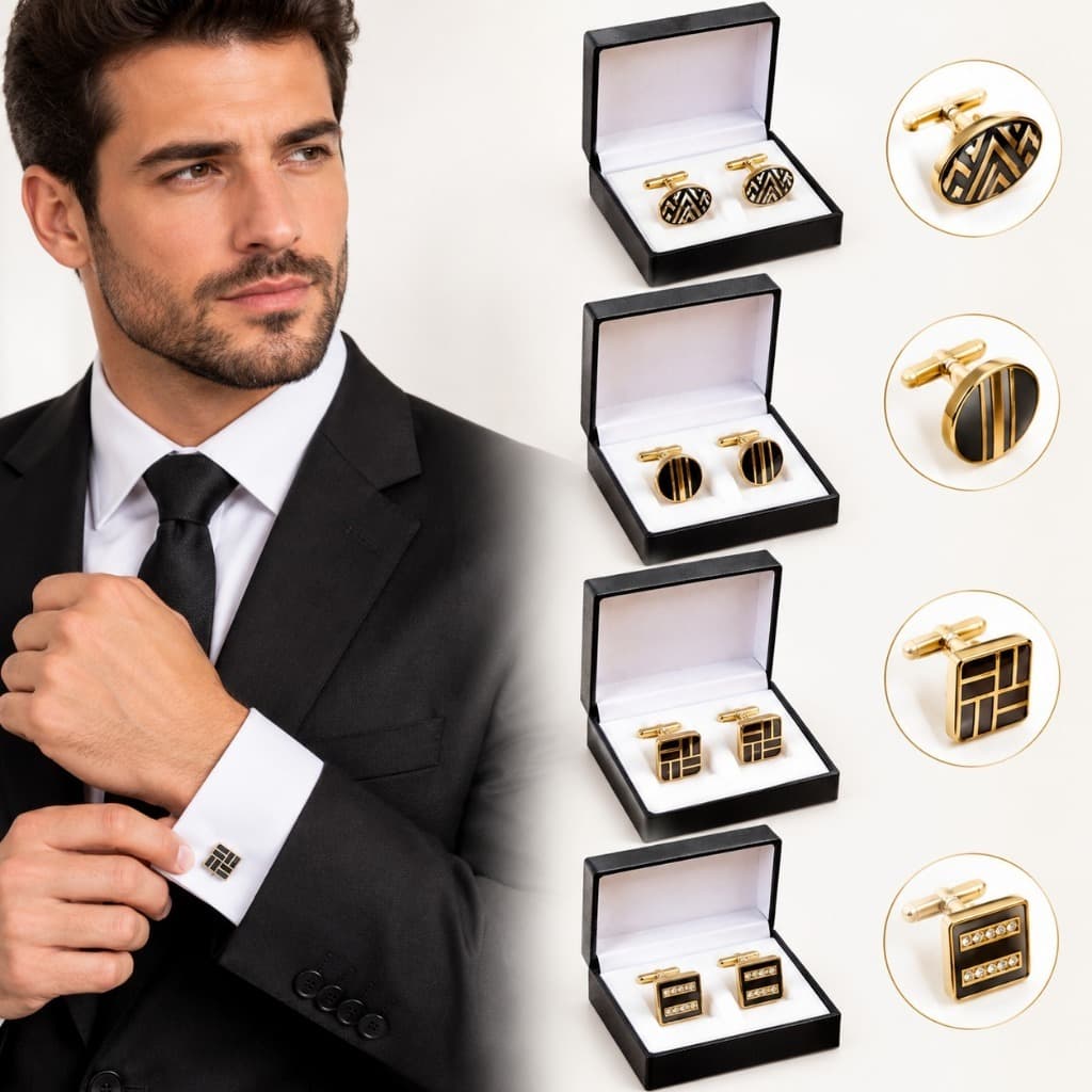 Abotoaduras Clássicas de Luxo Metal Prata e Dourado (Versão em Caixa De Presente)