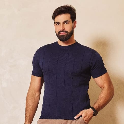 Blusa Masculina Canelada Manga Curta Gola Redonda Elegante Verão Pai Presente Natal