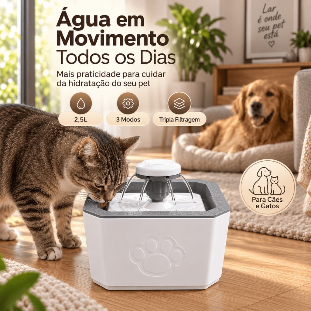 Fonte Bebedouro Pet 2,5L 3 Modos USB Automática Silenciosa Cães Gatos Pet Circulação Continua