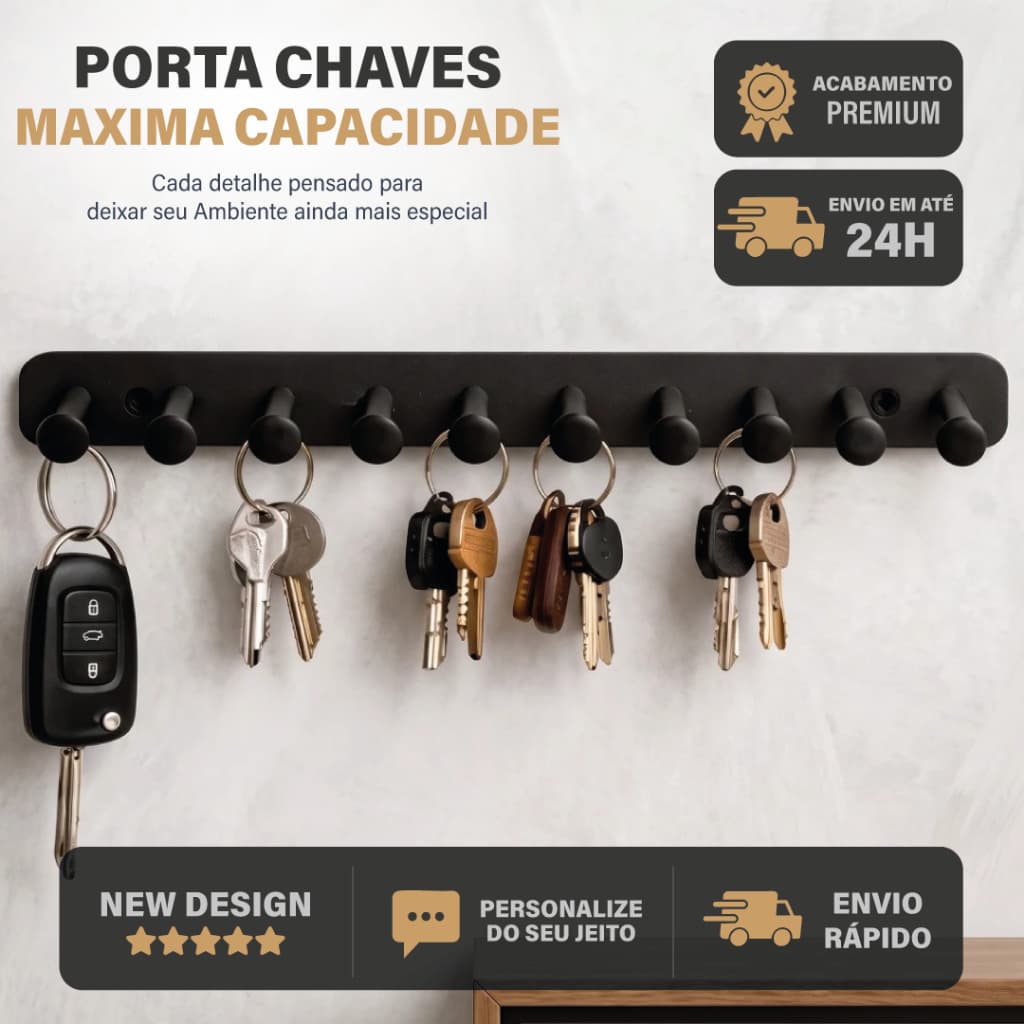 Porta Chaves com 10 Ganchos Chaveiro Organizador Minimalista Moderno Elegante Para Sala Escritório Com Dupla Face