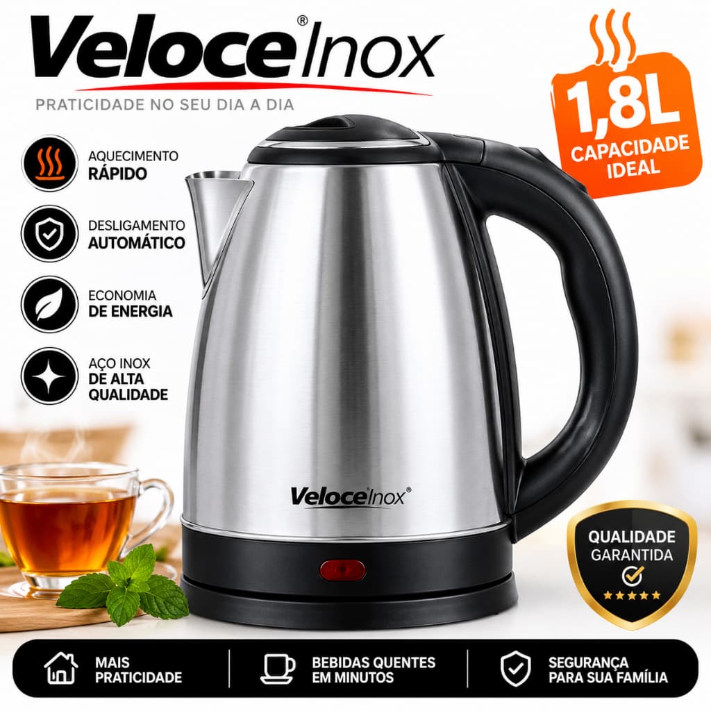 Chaleira Elétrica Ideal Inox 1,8L com Desligamento Automático, Base 360° e Indicador Luminoso