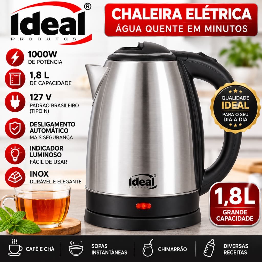 CHALEIRA ELÉTRICA IDEAL 1,8L INOX – 1000W 127V – MODELO IDL2198