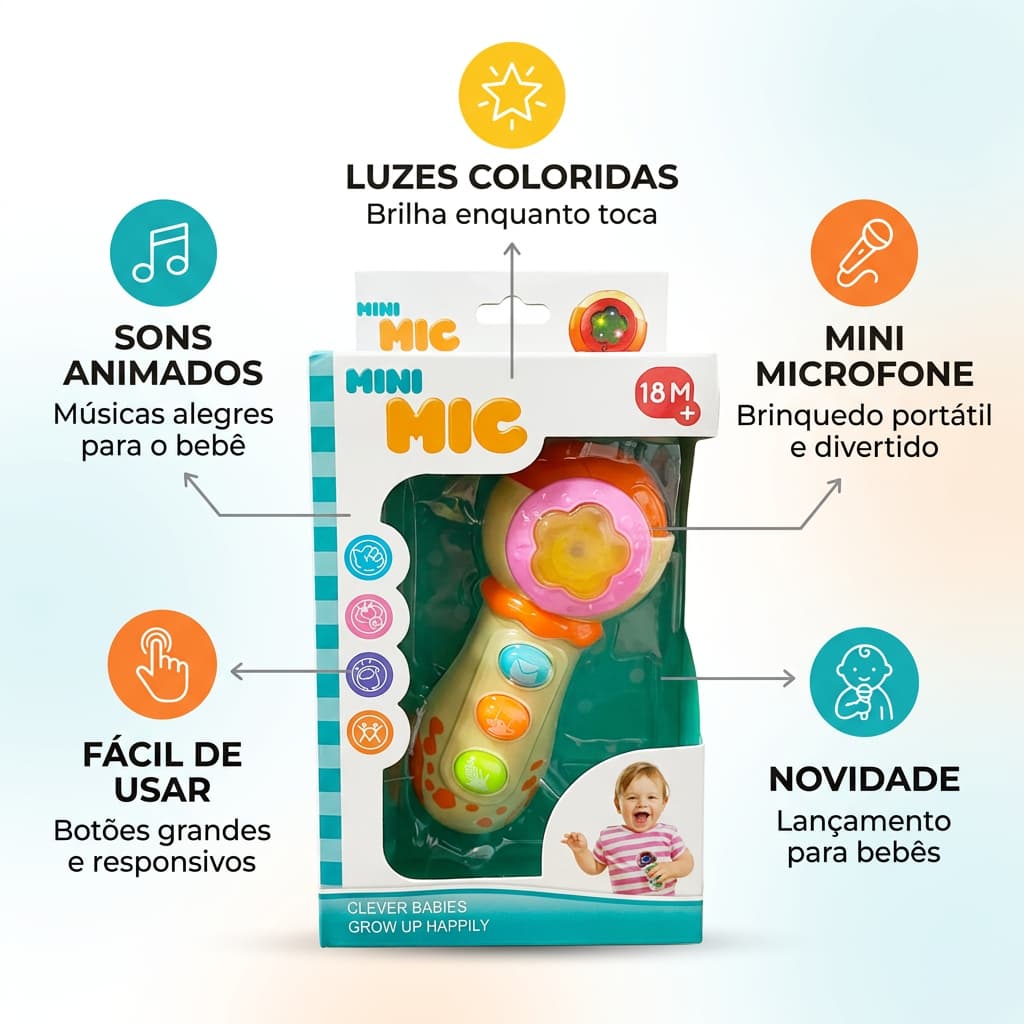 Mini Microfone Musical Infantil First luzes sons botões 2 pilhas AA não inclusas
