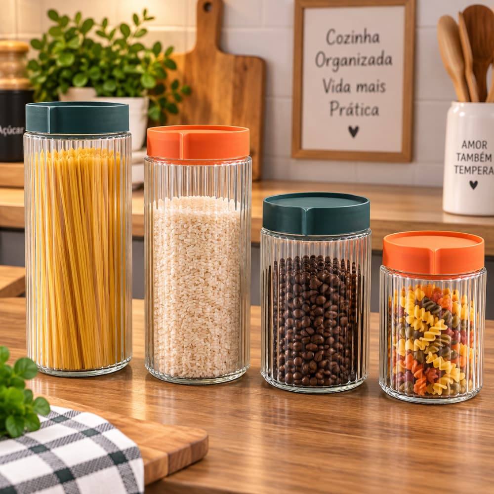 Kit 4 Potes de Vidro com Tampa 1L e 500ml Organizador Mantimentos Cozinha