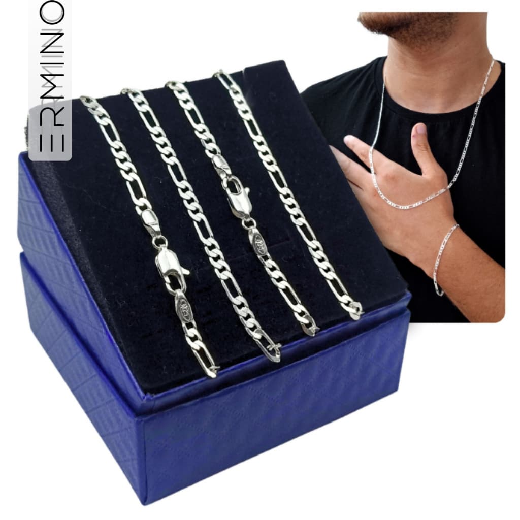 Corrente + Pulseira Prata 925 Fígaro 3x1 Fina 3mm Original Italiana Pura Kit