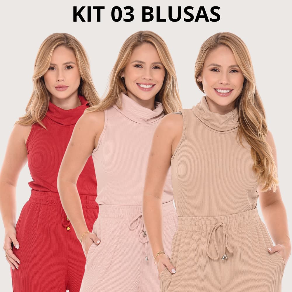 Kit 3 Blusas Feminina Caneladas Gola Alta Regata Casual Elegante Básica