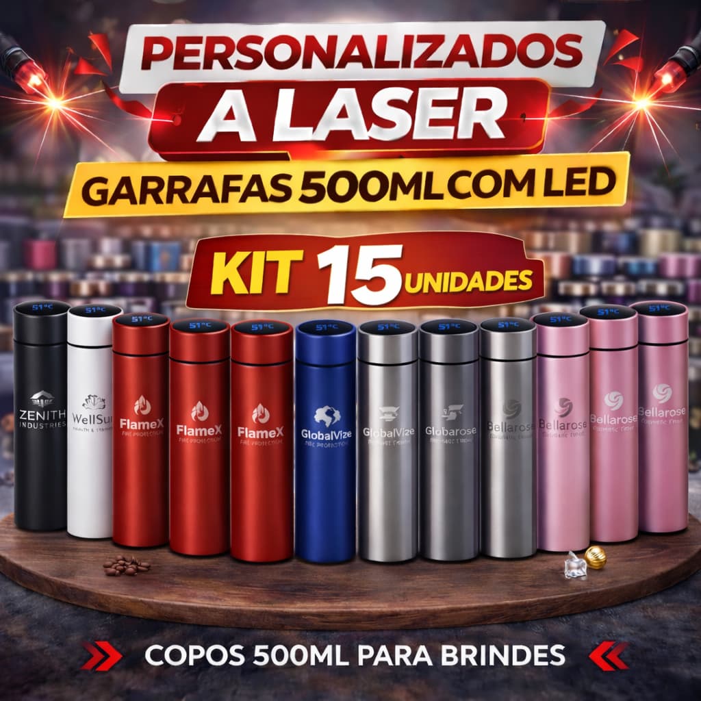 kit 15 Garrafa Térmica Digital 500ml Inox com Display LED – Personalizada a Laser