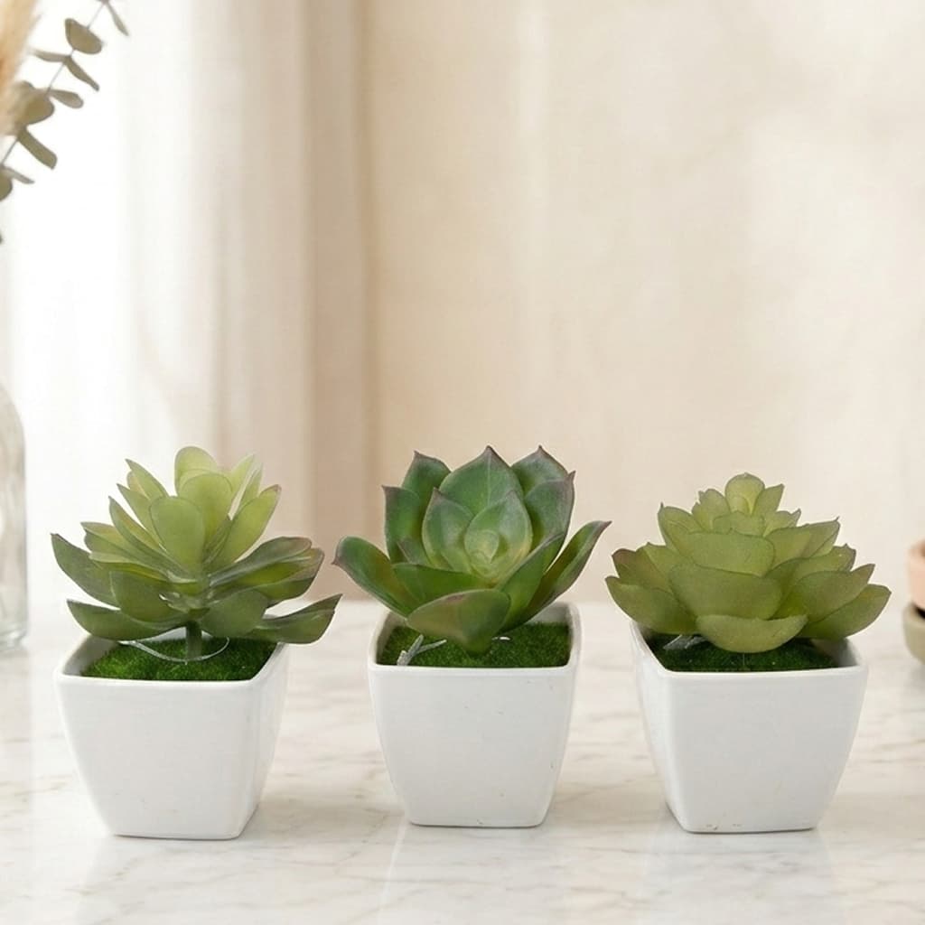 Kit com 3 Suculentas Artificiais em Vaso Branco para Decoração