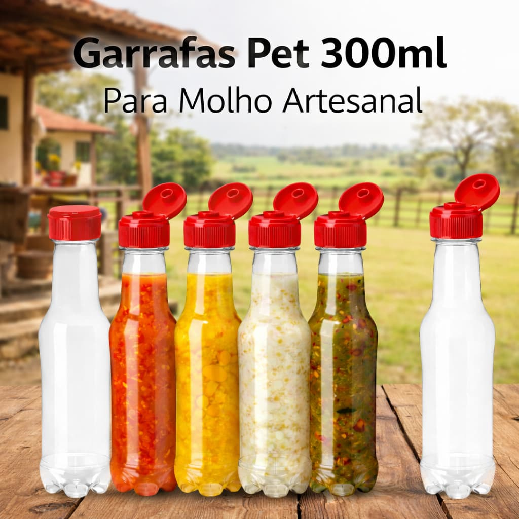 Kit Garrafas Pet 300ml Para Molho Artesanal Pimenta Alho Pequi Com Tampa Flip Top Vermelha