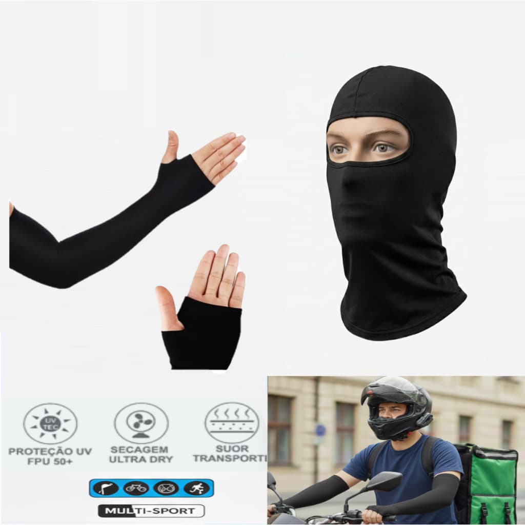 Kit Balaclava + Manguito Segunda Pele Touca Ninja Moto Ciclista Térmico Proteção Solar Uv50+ Premium