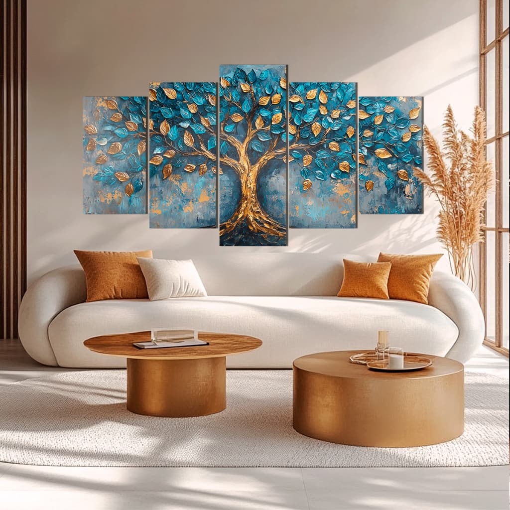 Quadro Mosaico 5 Peças Árvore da Vida Turquesa e Ouro Luxo