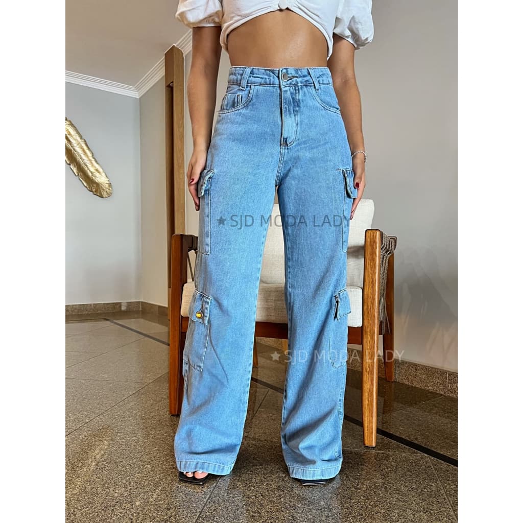 SJD MODA LADY calca jeans cargo com bolsas frontais,calca jeans wide leg juvenil,calca jeans pantalona casual sensual