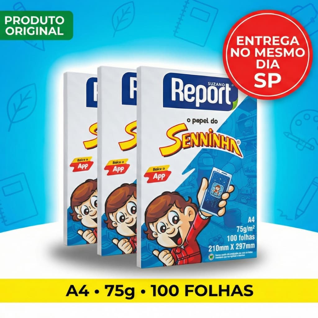 Papel Sulfite A4 com 100 Folhas Seninha Kit 3 Pacotes Report Branco Escolar Resma Desenhar Pintar