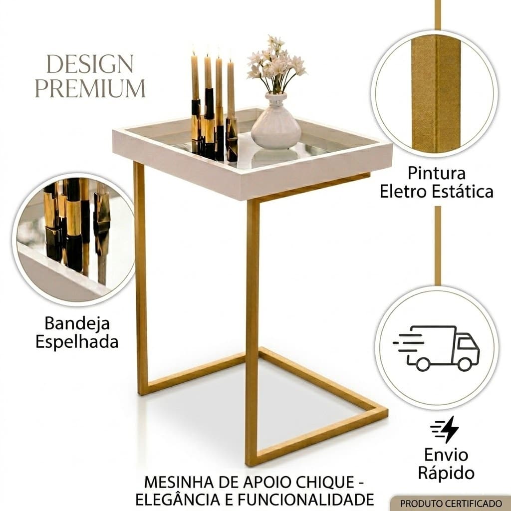 Mesa Lateral Luxo Espelhada para Sofá Sala Decorativa Moderna Resistente e Sofisticada