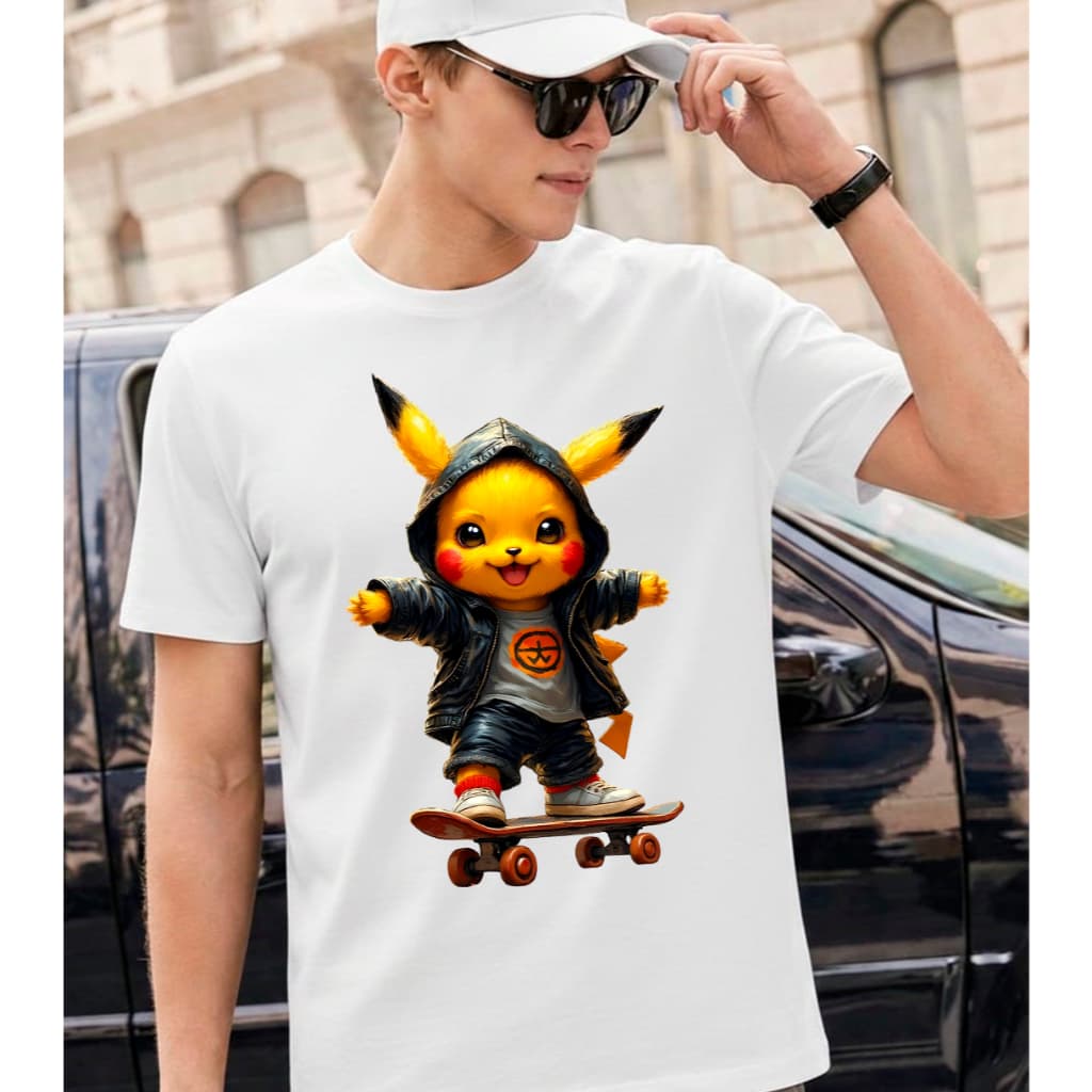 Camiseta Básica Pikachu Skate Estampada 100% Algodão Confortável Anime Geek Casual Unissex Premium Macia Uso Diário