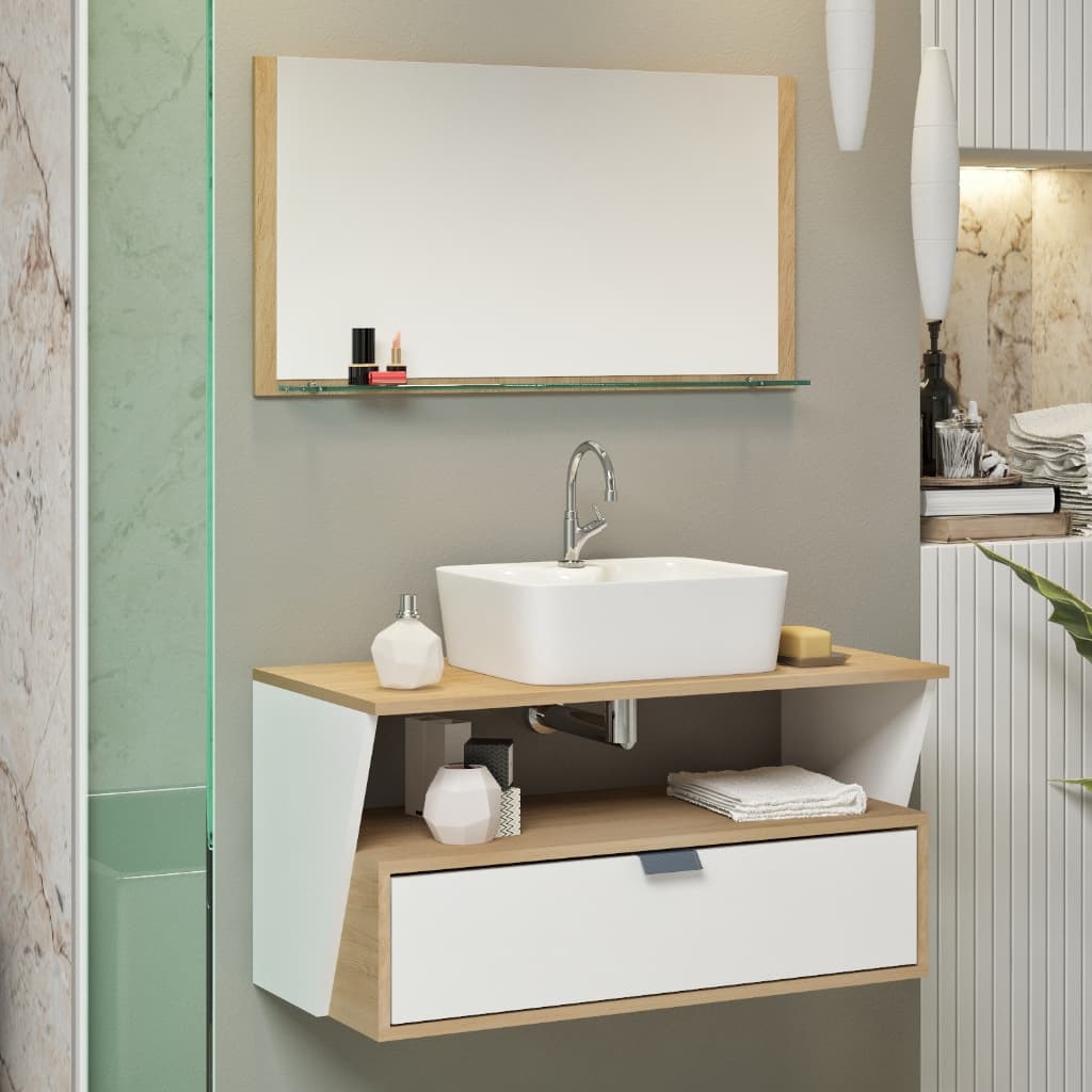 Conjunto Siena MDF gabinete para banheiro 80cm com cuba e espelheira