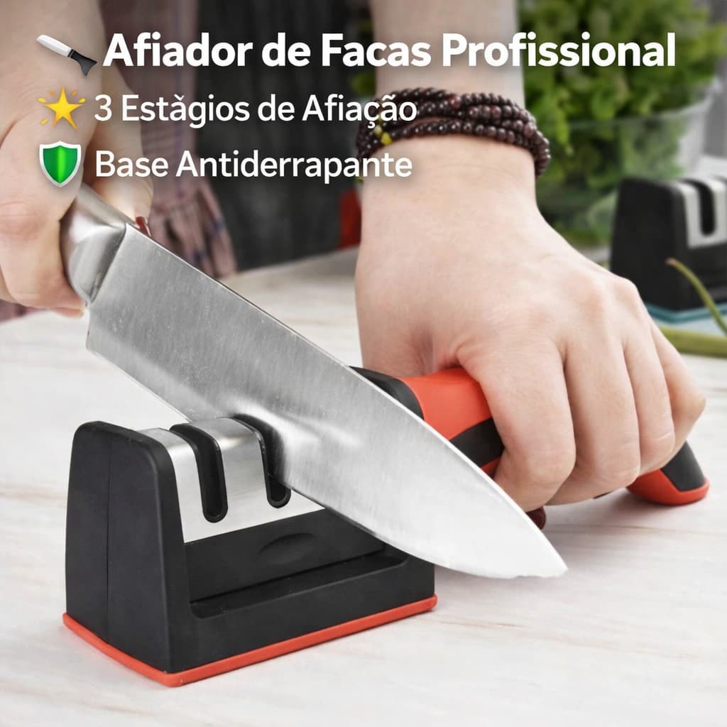 Afiador de Faca 3 Estágios Amolador Profissional com Afiação Manual Rápida em Aço Inoxidável