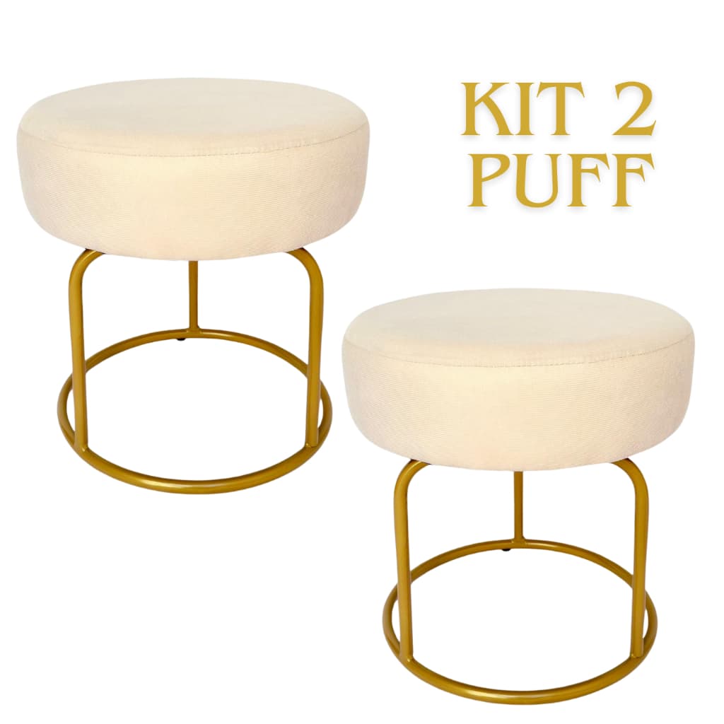 Kit 2 Puff para Sala Redondo Quarto Argola Dourado Para Loja Closet Penteadeira Quarto