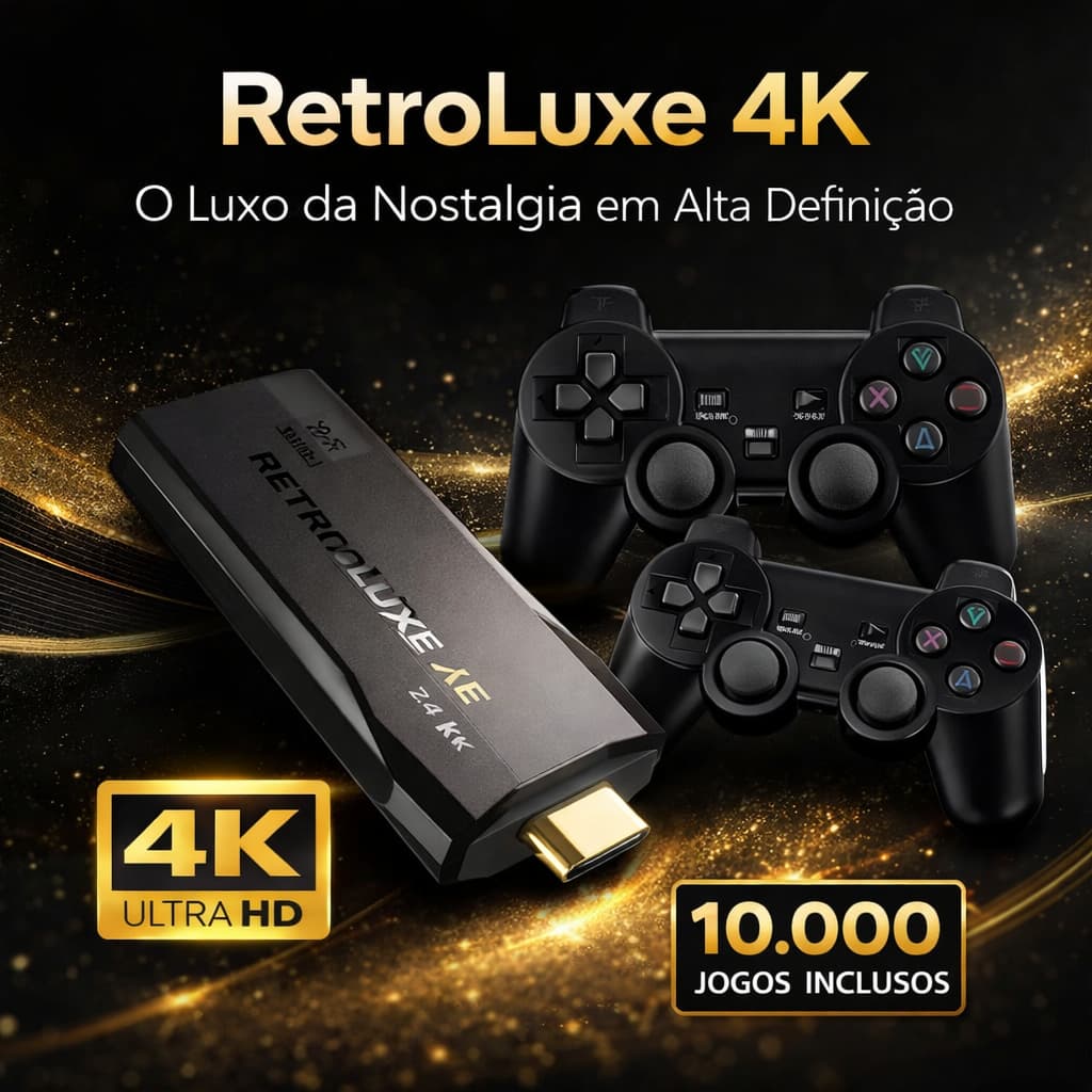 RetroLuxe 4K Game Stick – Reviva Clássicos! 10.000 Jogos + 2 Controles Sem Fio Plug & Play HDMI