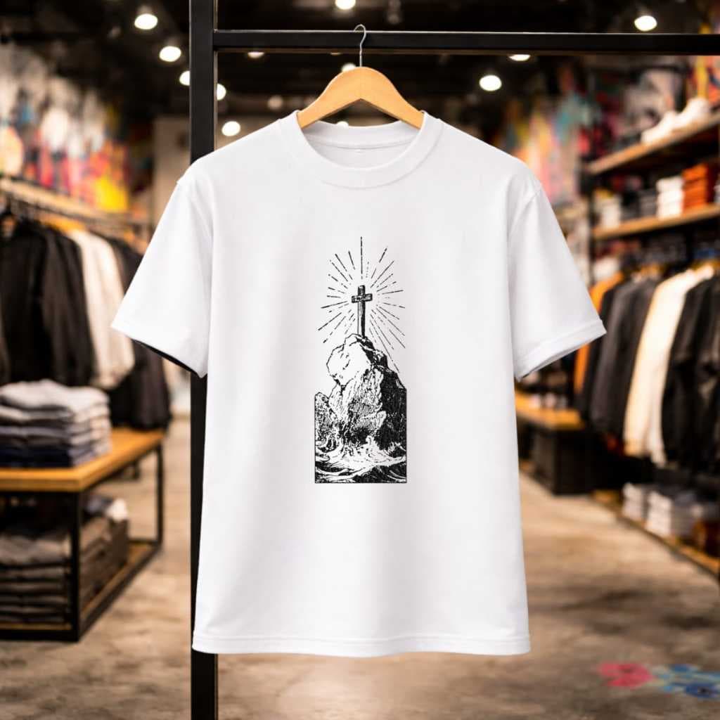 Camiseta Unissex 100% Algodão Estampada Cruz Jesus Religioso Cristão Pedra Paisagem Blusa Estilo Casual Básico Diário
