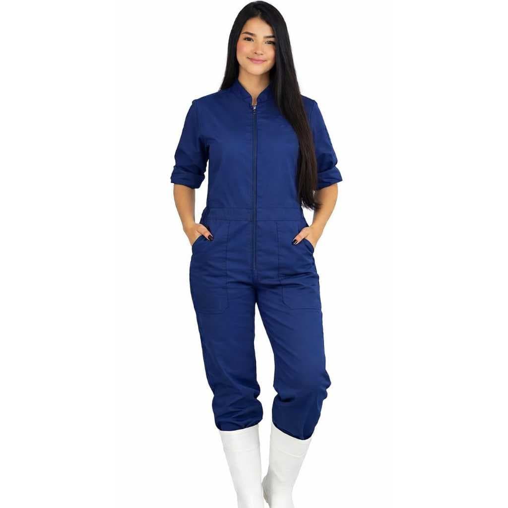 Macacão feminino blhue de campo, gola padre, fecho de zíper