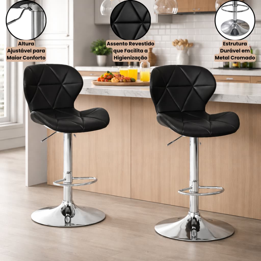 02 Banquetas Altas Slim Giratória Altura Regulável Ergonômica para Balcão Bar Cozinha Cores Dversas