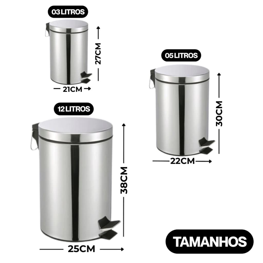 Lixeira Inox Redonda Compacta 3, 5 e 12 Litros Alta Durabilidade Design Moderno Multiuso