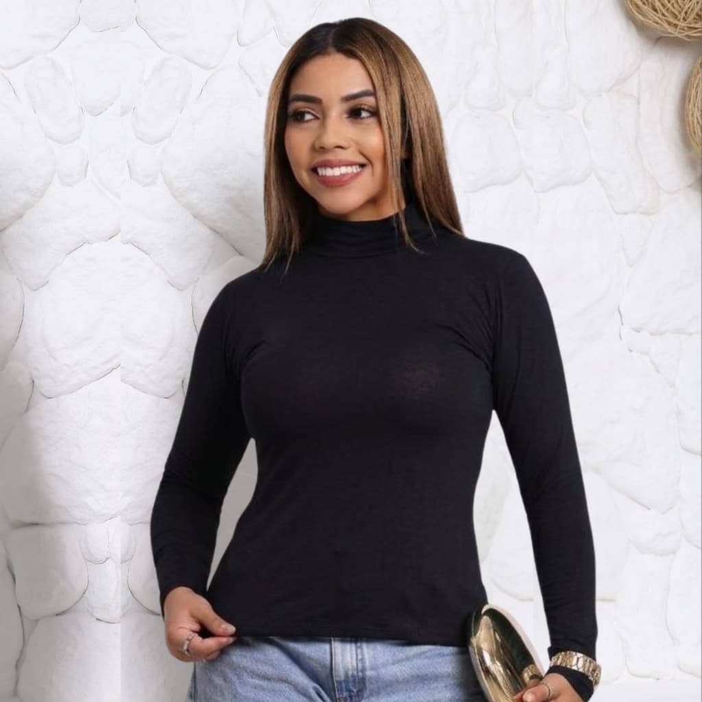 Blusa Femenina Gola Alta Segunda Pele Manga Longa Confortável Estilosa Moda Casual