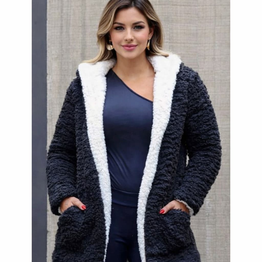 Casaco Dupla Face Teddy Com Capuz E Bolso Elegante Para Seu Inverno
