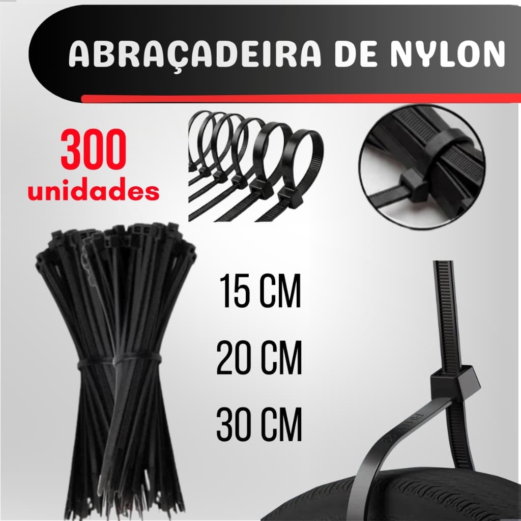 300 Unidade 30 20 15cm Abraçadeira Enforca Gato Fita Cinta Plástica Presilha Nylon Amarra 3 tamanhos